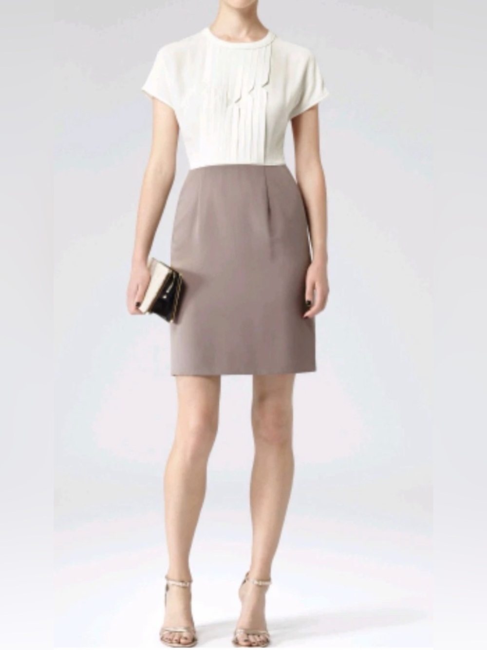 Reiss Georgia Pleated Colorblock Sheath Dress Ivory Taupe Career Office US 6